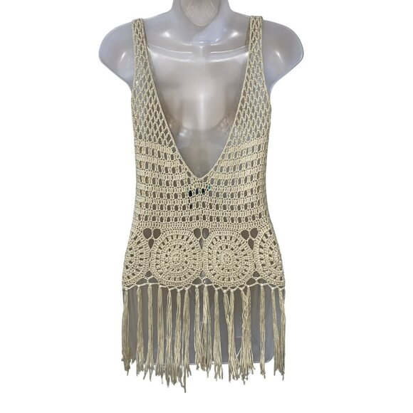 Boho Crochet Fringe Tank Top Cream Open Knit Sleeveless Beachwear Tunic Womens S - Picture 3 of 8